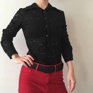 Women's Black Sheer Lace Button Down Top